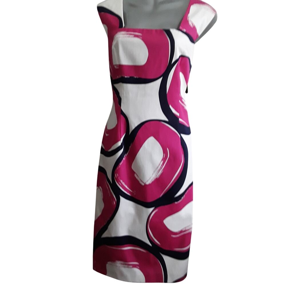 NWT  Sz 8 David Meister $375 Bold Graphic Pink, Navy & White A-Line Dress 8